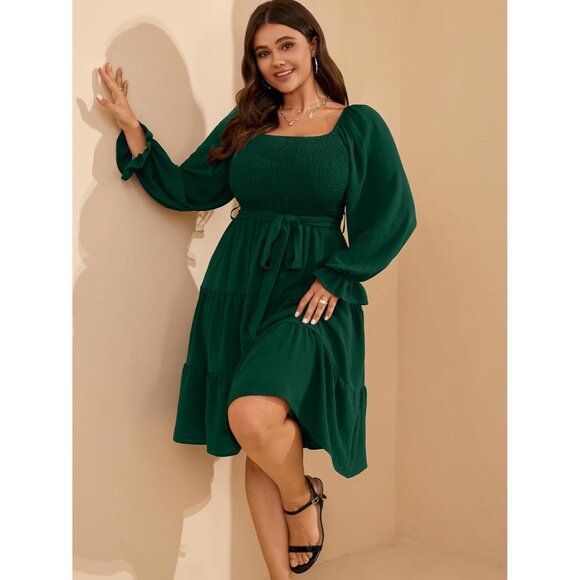 Plus Size Fall Dress Women Long Sleeve Smocked Square Neck A-Line Party - Picture 7 of 8